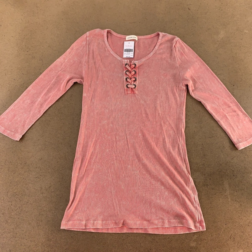 Yellow Chair Women's Size XL Dark Rose Rib Knit 3/4 Sleeve Lace Up Top NWT